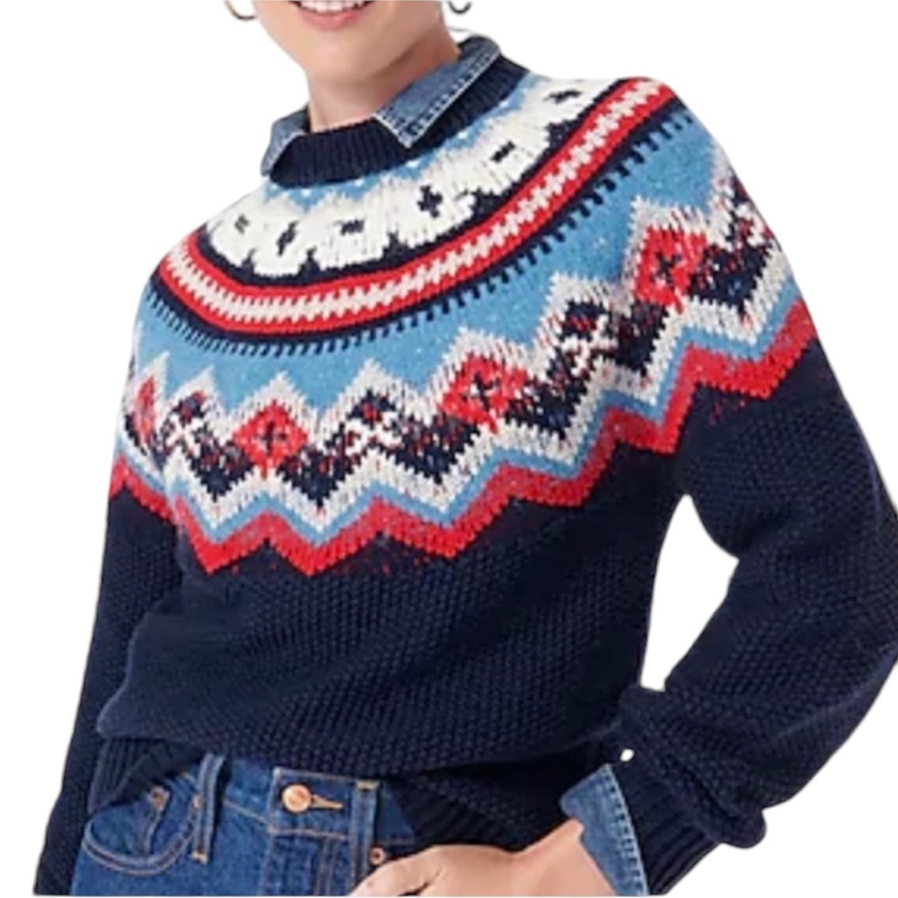 J. Crew Small Alpaca Wool Blend Fair Isle Aztec Winter Warm Crew Neck Sweater Y7